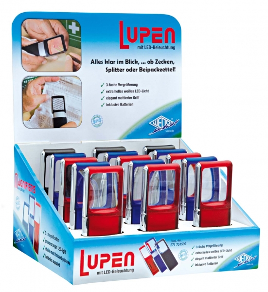 Leselupe mit LED Beleuchtung (farblich sortiert im 15er Display inkl. Batterie)